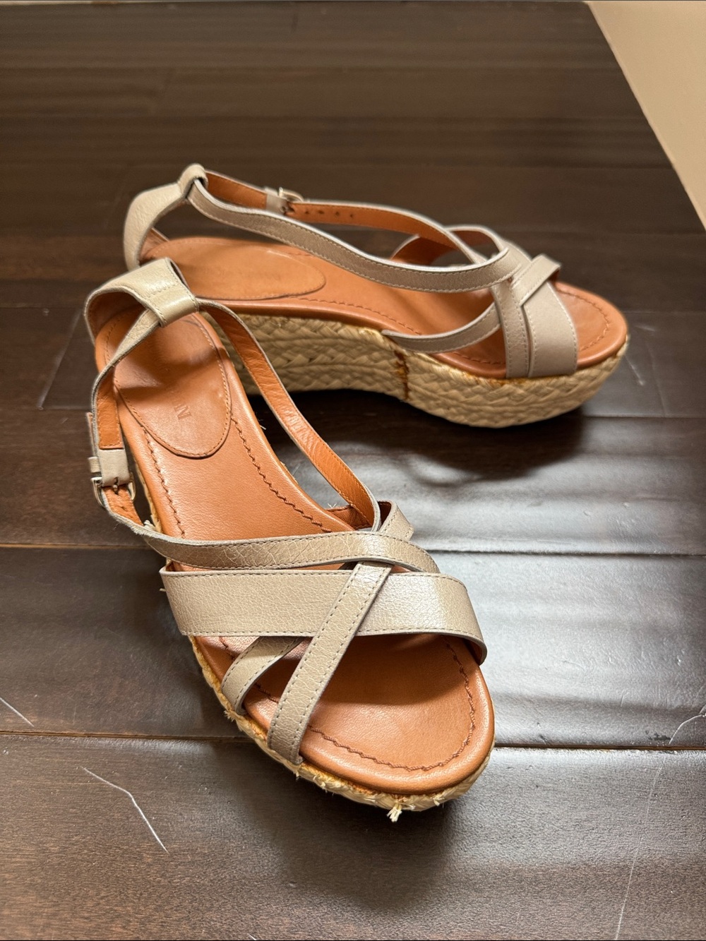 Giorgio Armani Espadrille Wedge Sandals Leather Taupe Size 35 Summer